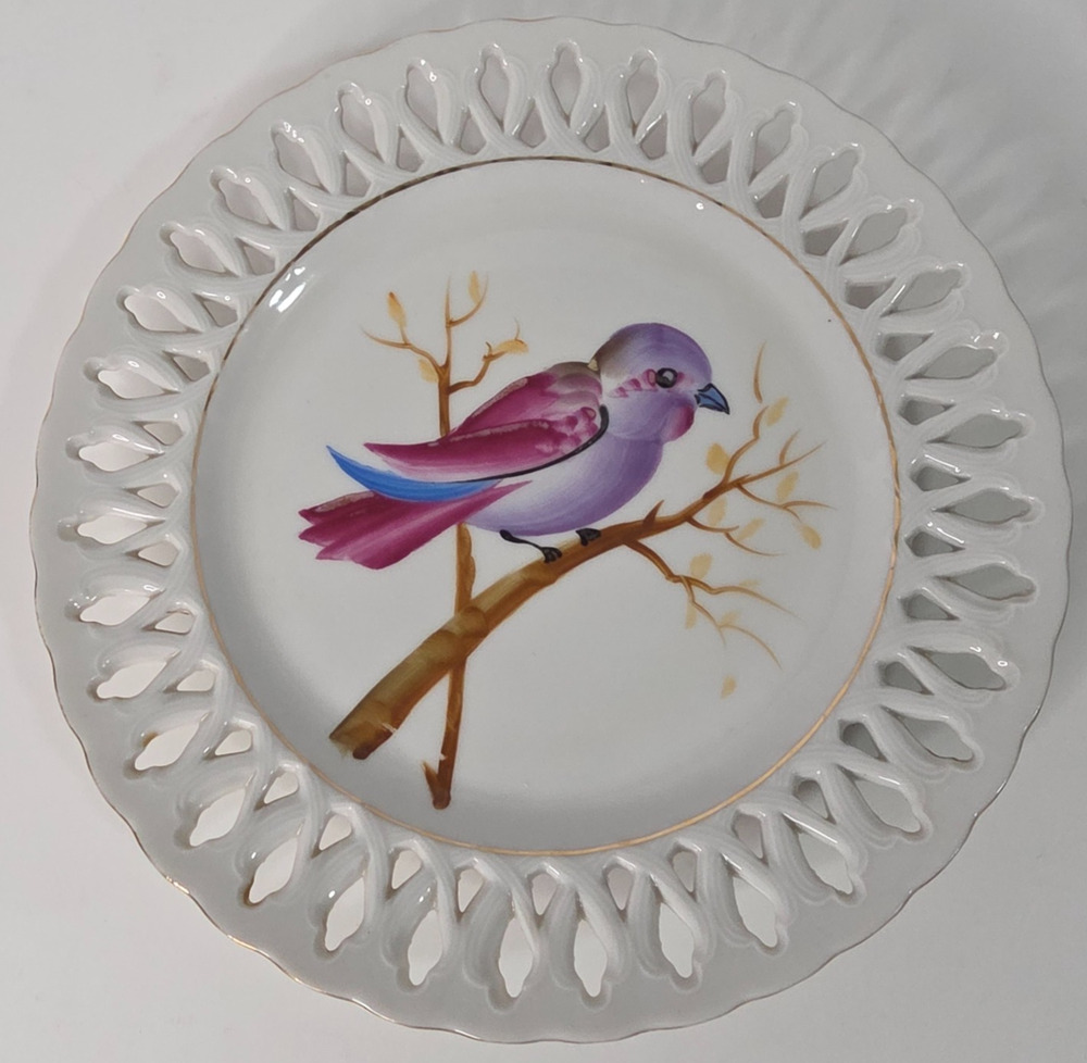 Vintage Hand Painted Bird Porcelain Plate Reticulated Rim Cottagecore Wall Decor